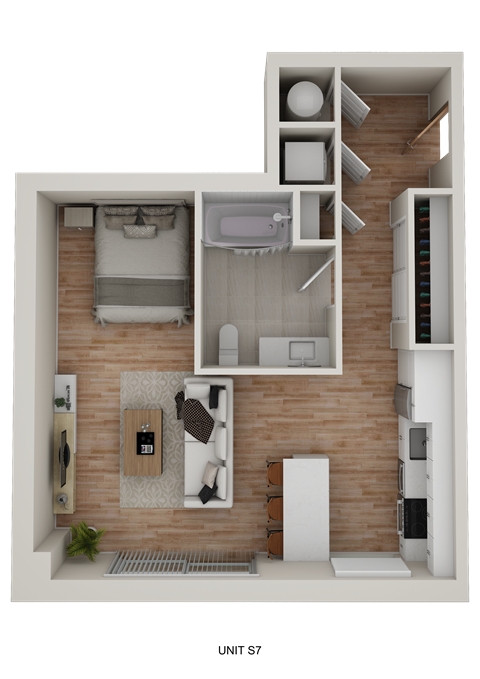 A 3D rendered image of a small apartment layout.